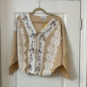 Embroidered Beige Blouse with Lace Accents